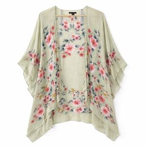 American Eagle Floral Open Front Kimono Sage Green Sheer Boho Beach OS One Size